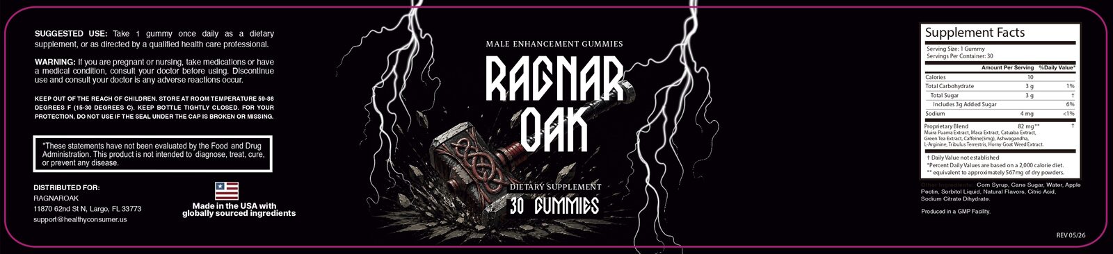 RagnarOak product label — supplement facts, suggested use, storage, and ingredient list